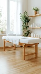 Fototapeta premium A tranquil beauty salon showcases a massage table adorned with towels, essential oils, and soft plant decor under gentle lighting