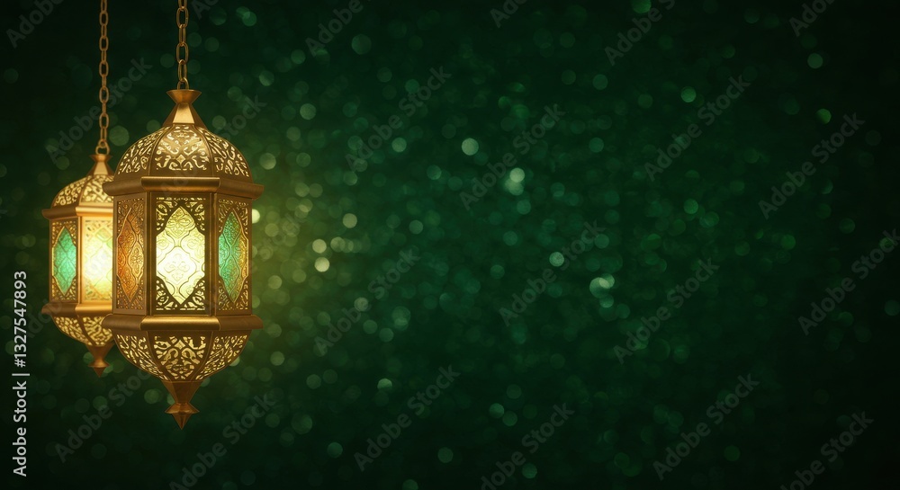 Aufkleber two ornate lanterns hanging with chain against a deep green background lanterns are intricately desi