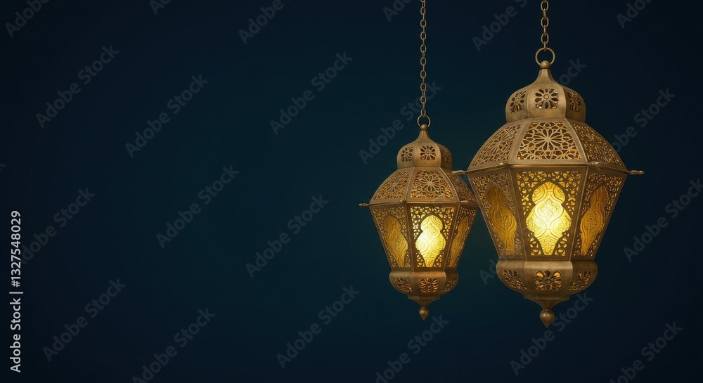Aufkleber two ornate lanterns hanging with chain against a deep blue background the lanterns are intricately d