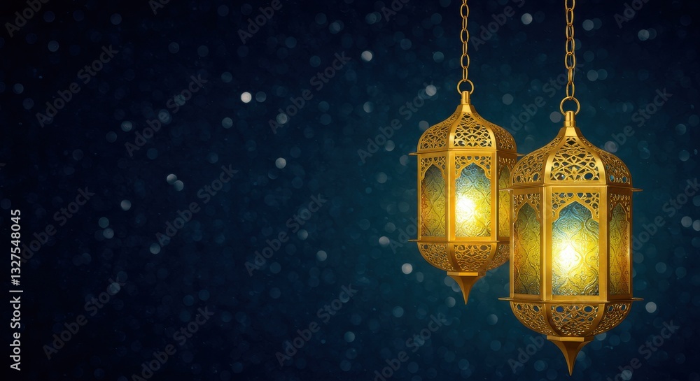 Poster two ornate lanterns hanging with chain against a deep blue background the lanterns are intricately d