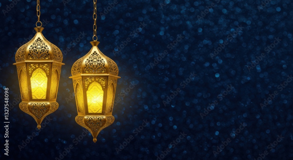 Poster two ornate lanterns hanging with chain against a deep blue background the lanterns are intricately d
