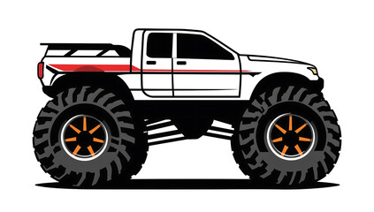 A white monster truck with large tires and a red stripe, ready for off-road adventures.