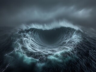 A dramatic illustration showing the turbulent ocean wave formation