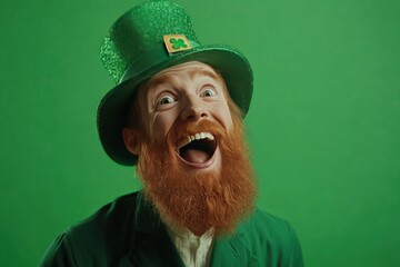 Joyful man in green attire celebrating with excitement for St. Patrick's Day festivities