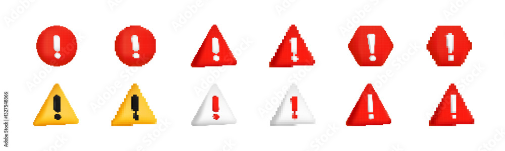 Poster collection of alert symbols with triangles and circles featuring bold exclamation marks.