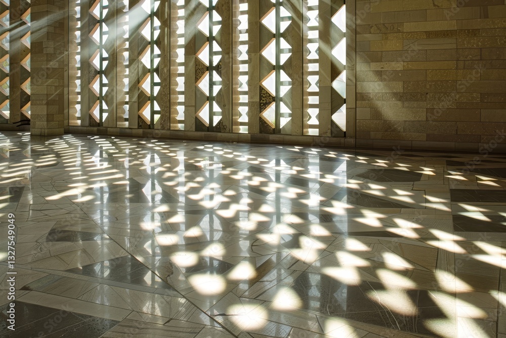 Aufkleber sunlight filters through large windows, casting geometric patterns on the floor of a stone hall, lig