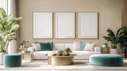 A contemporary living room with soft beige walls, a set of three minimalist framed prints in neutral tones, a stylish gold coffee table, and matching side tables