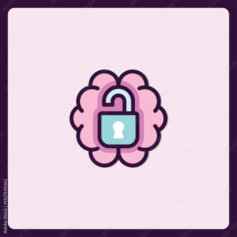 Poster conceptual icon displaying brain with unlocked padlock, security system