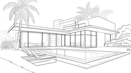 Modern house design with swimming pool and tropical landscaping