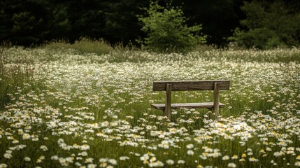 Fototapeta premium Wooden Bench Amidst a Field of Daisies