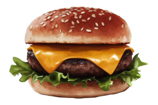 A Juicy Cheeseburger, Perfectly Grilled Patty Melting With Cheddar, Nestled In A Sesame Seed Bun And Fresh Lettuce, Painted In A Vibrant Watercolor Style Isolated on Transparent Background