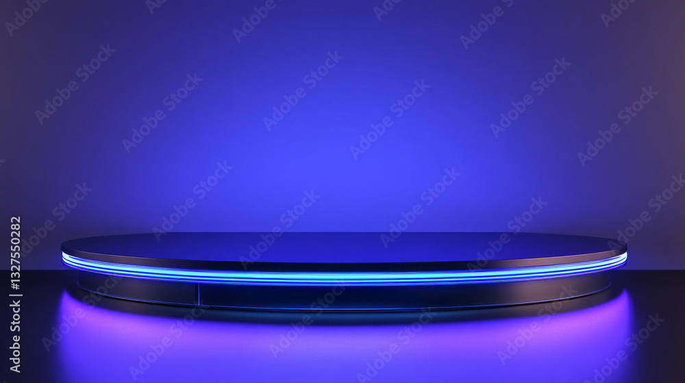 Poster a 3d-rendered podium in shades of blue and purple, designed to highlight and showcase products effec