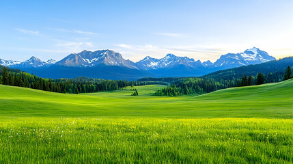 Fototapeta premium Picturesque alpine meadow stretches to snow-capped mountains under a clear blue sky. Lush greenery, serene landscape