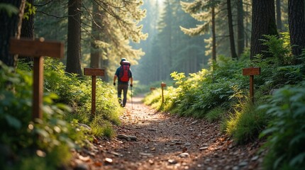 Obraz premium Hiker walking on a forest trail surrounded by greenery and sunlight filtering through trees 