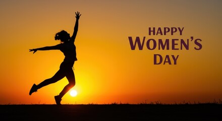 A silhouette of a Carefree young woman performing dance move against the sunset backdrop the woman's arms are extended outward and her body is slightly bent The text Happy Women's Day is visible