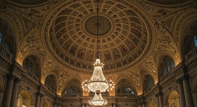 Elegant museum interior featuring a grand chandelier and ornate ceiling in a historic setting