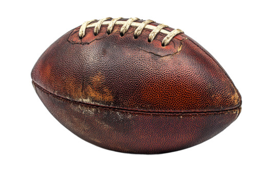Old leather football with visible wear and tear