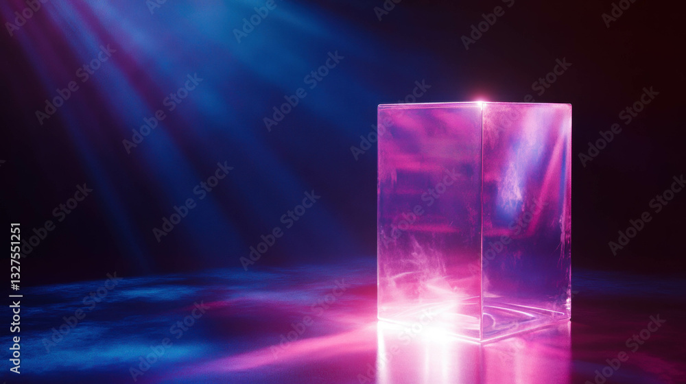 Poster abstract background with transparent glass cube and colorful light beams for modern design