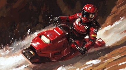 Fototapeta premium Enthusiast Rider Navigating Slick Terrain on Red Snowmobile Adventure