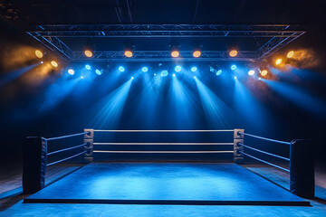 Illuminated wrestling ring under bright spotlights, ready for an exciting match in a vibrant setting