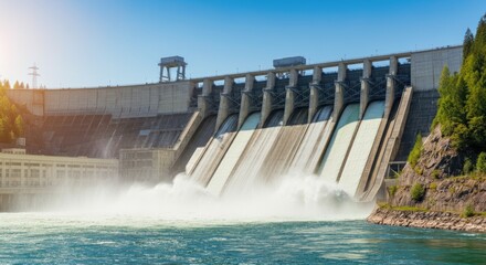Massive hydroelectric dam surrounded by nature, releasing water with great force