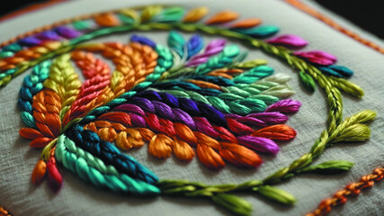 Close-up of colorful floral embroidery with vivid threads in spiral flower design. Rich texture and artistic detail perfect for ethnic textiles, handmade crafts, or traditional decorative patterns.
