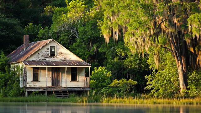 Abandoned wooden house in a swamp with encroaching nature