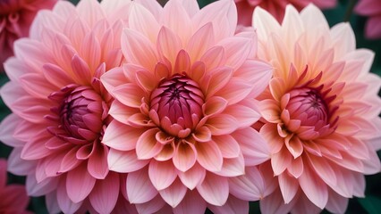 Obraz premium Pink dahlia flowers. The flowers are in full bloom and have multiple layers of petals that are arranged in a circular pattern. The petals are a soft pink color with hints of yellow and white.