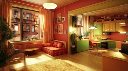 Warm inviting apartment interior with view of a brick building