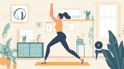 Obraz premium Home sport fitness, vector illustration, flat woman character training inside apartment, healthy lifestyle by workout exercise activity