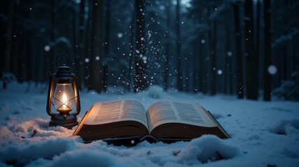 A damp book page flutters in snow