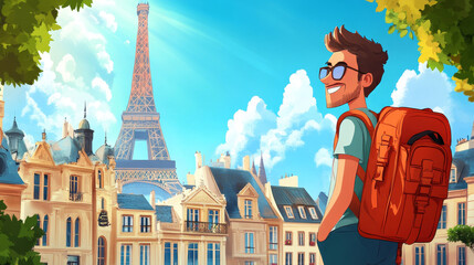 Summer language travel vector illustration.Travelling and learning foreign language. Education abroad concept. Traveller on vacation studying English, French. Europe tour banner. Man cartoon character