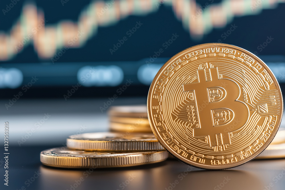 Aufkleber bitcoin coins stacked on a table with a digital chart in the background