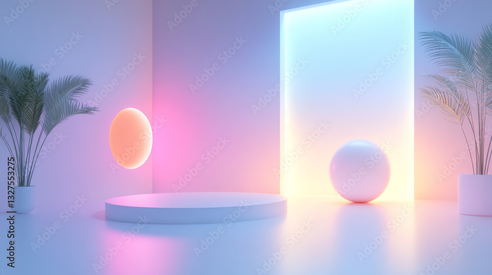 Poster a conceptual abstract rendering of a minimalist white interior, featuring architectural elements ill