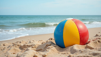 Obraz premium A deflated beach ball partially covered by sand