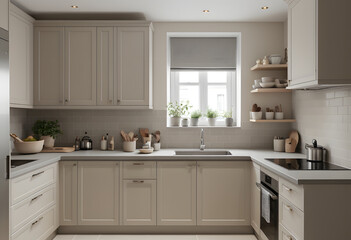 Beige and grey mini kitchen, neutral tones, calm, balanced aesthetic.