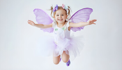 Fototapeta premium Cute little girl in fairy costume with violet wings jumping on white background