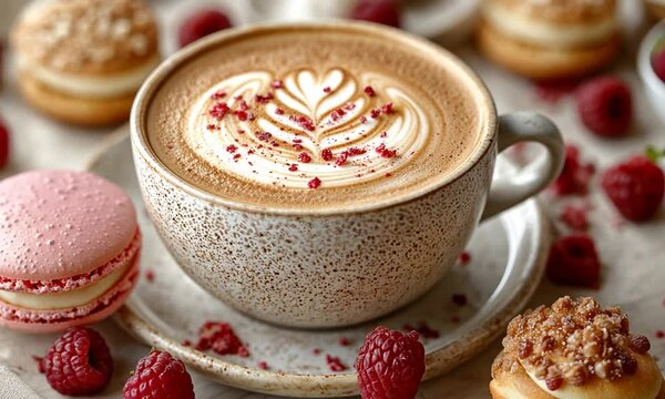 A beautifully crafted latte with intricate foam art, surrounded by fresh raspberries and pastries