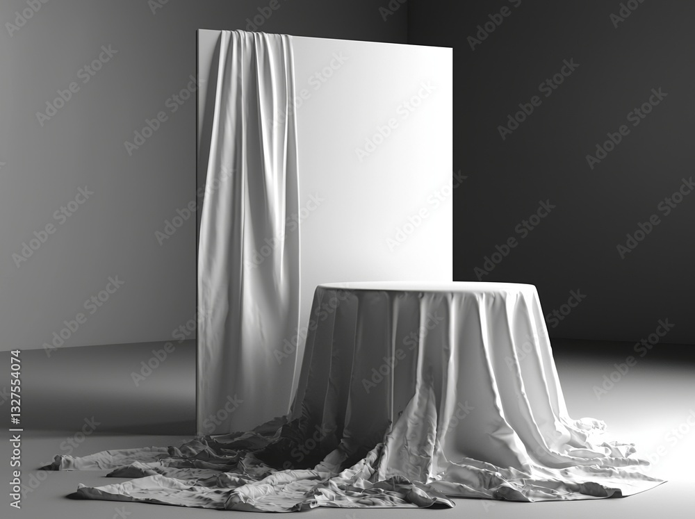 Poster a blank tradeshow tablecloth is displayed in a mockup with a backdrop and rollup banners