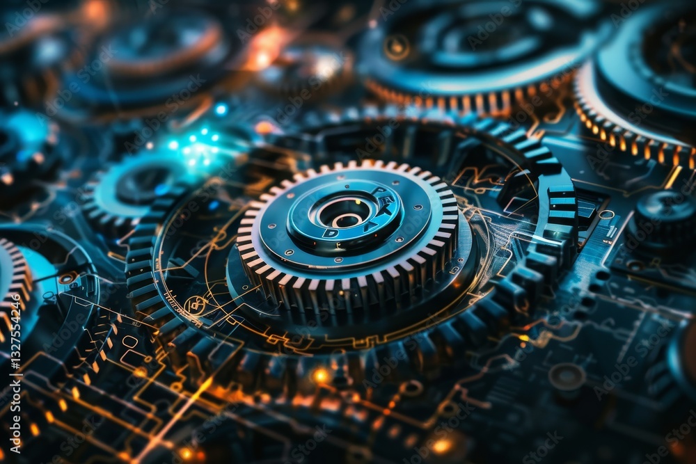 Poster close-up of mechanical gears turning in sync with digital circuitry, showcasing seamless tech integr