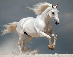 The dusty desert is where a white horse stallion runs at a gallop, depicted in collage paint