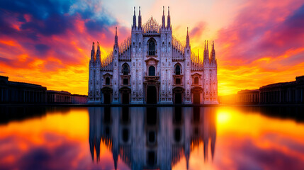 Naklejka premium Majestic Cathedral at Sunset with Vibrant Colors Reflecting on Calm Water, Showcasing Gothic Architecture and Serene Atmosphere in Milan