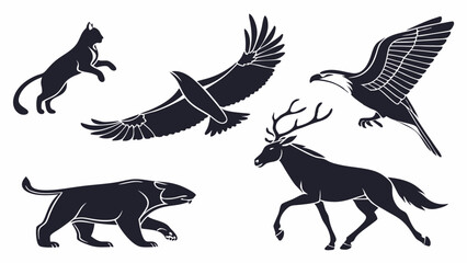 Obraz premium A vector set of six simple animal silhouettes with clean, bold lines. The shapes are reduced to their essential forms for a powerful, elegant look. Animals: cat, dog, eagle, whale, deer, and rabbit. 
