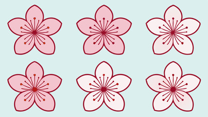 Fototapeta premium A vector set of six cherry blossom branches with delicate pink petals and fine details. The flowers are drawn in a Japanese-inspired minimalistic style