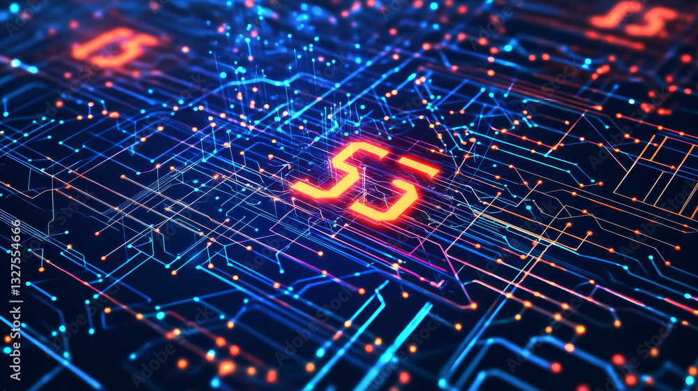 Poster a digital vector illustration representing the future of wireless technology, showcasing 5g or 6g mo