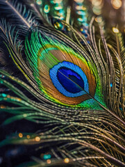 Obraz premium Extreme close-up of a perfect peacock feather with bokeh.