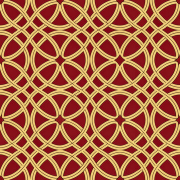 Elegant geometric pattern with interlocking shapes in red and gold