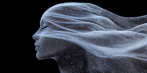 ethereal face blending with wind, mystical profile with flowing elements, serene abstract human face with wind-like texture