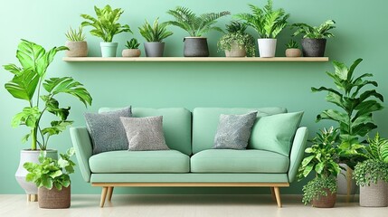 A serene living room features a sofa surrounded by plants