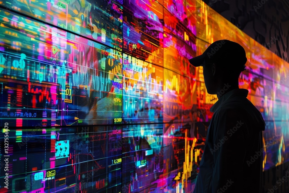 Poster one figure silhouetted against digital data symbolizes modern high-frequency trading, visualize the 